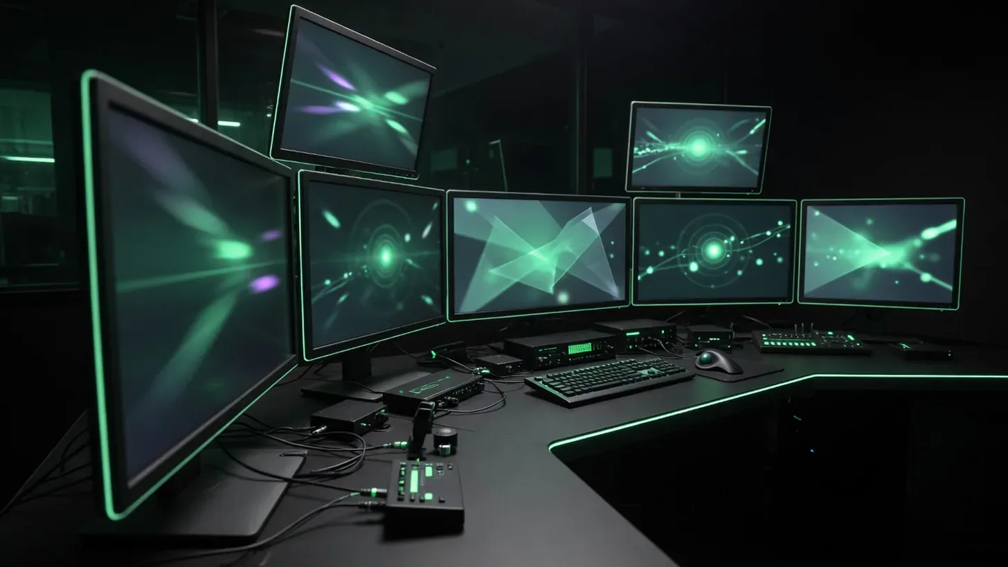 sports analyst desk with multiple glowing screens in a dark room, seen from behind