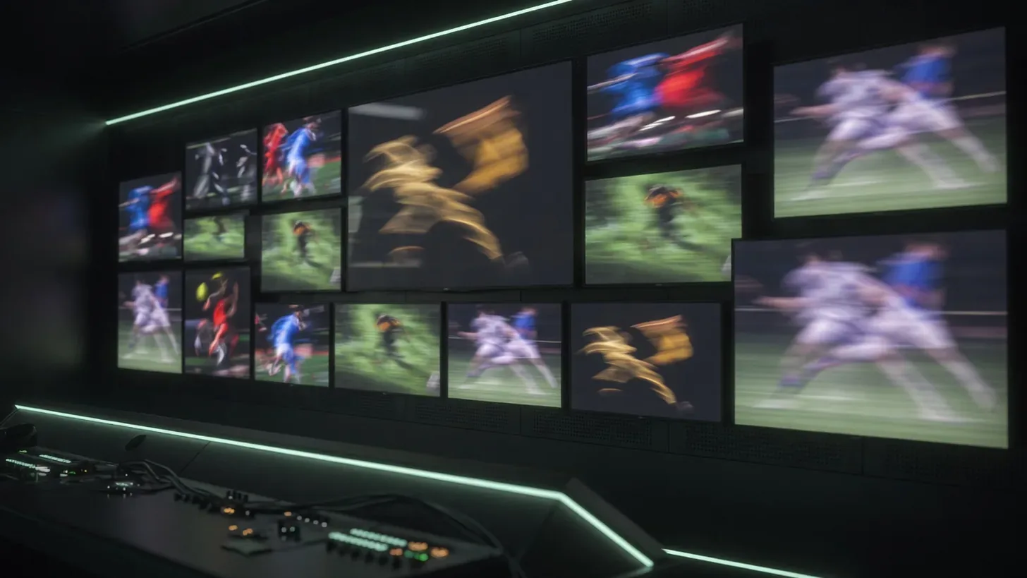 dark control room with wall of glowing sports screens