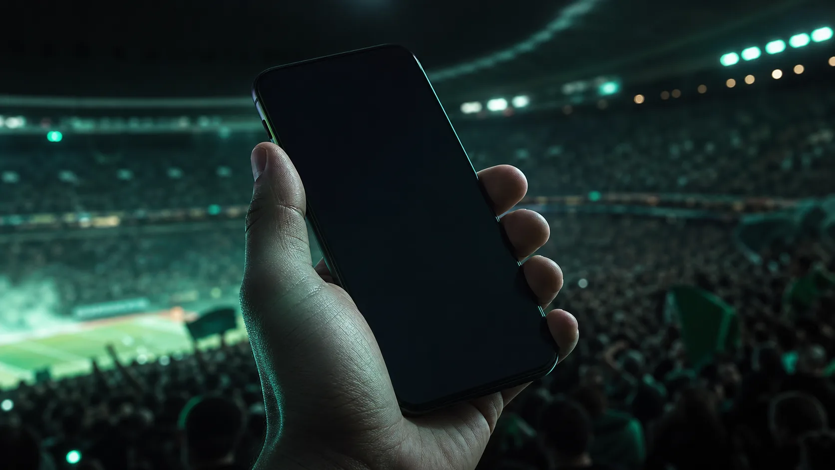 close-up hand holding smartphone in a crowded dark stadium