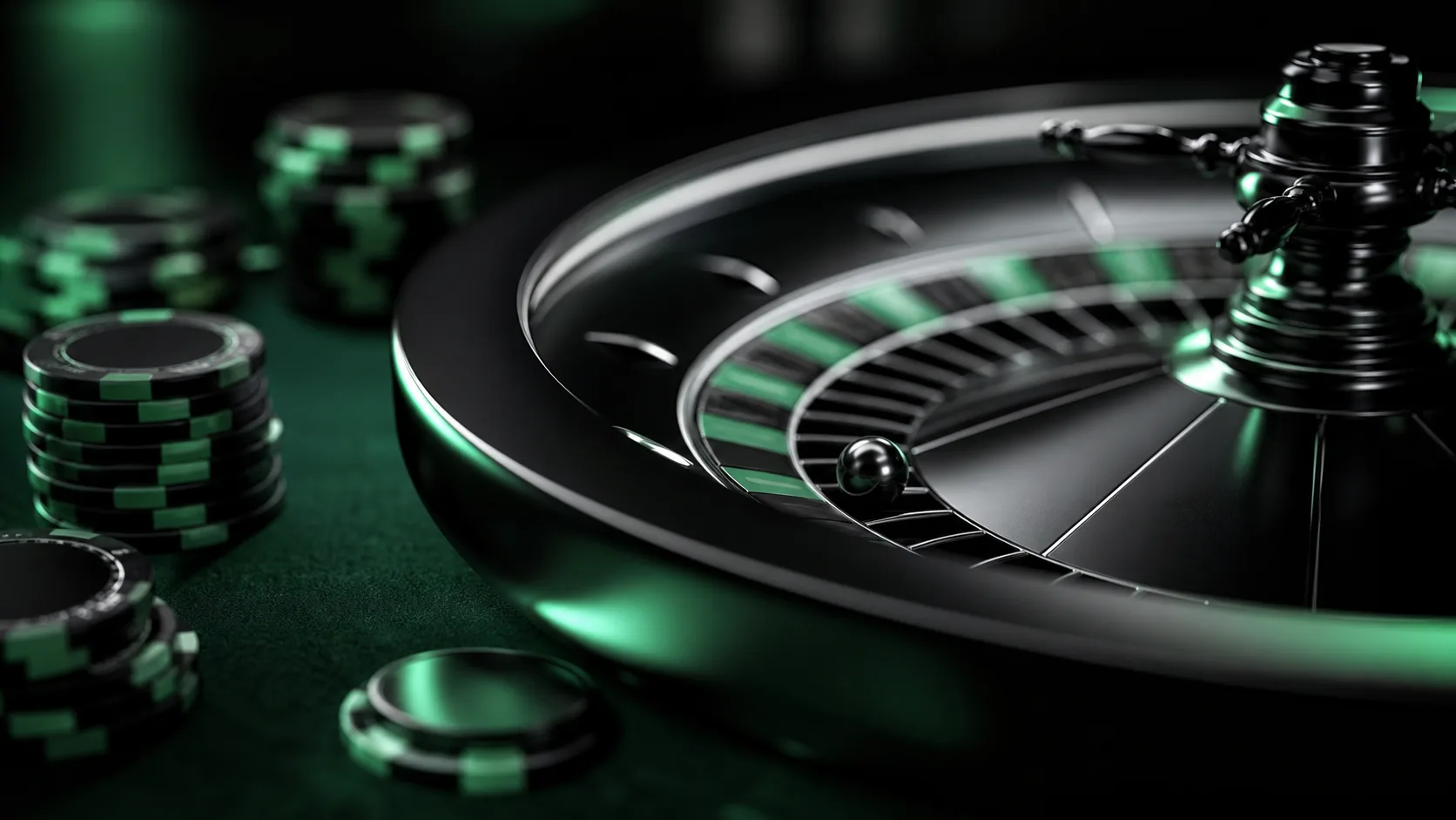 roulette wheel and casino chips close-up on dark green felt