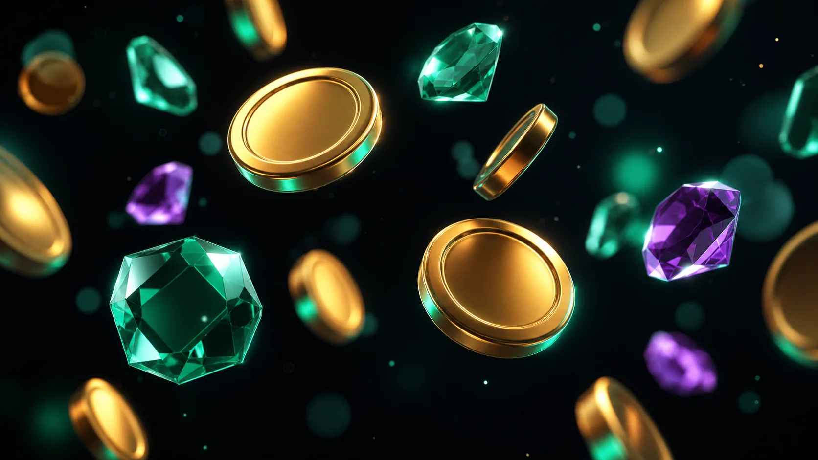 colorful casual mobile game coins and gems floating on dark background