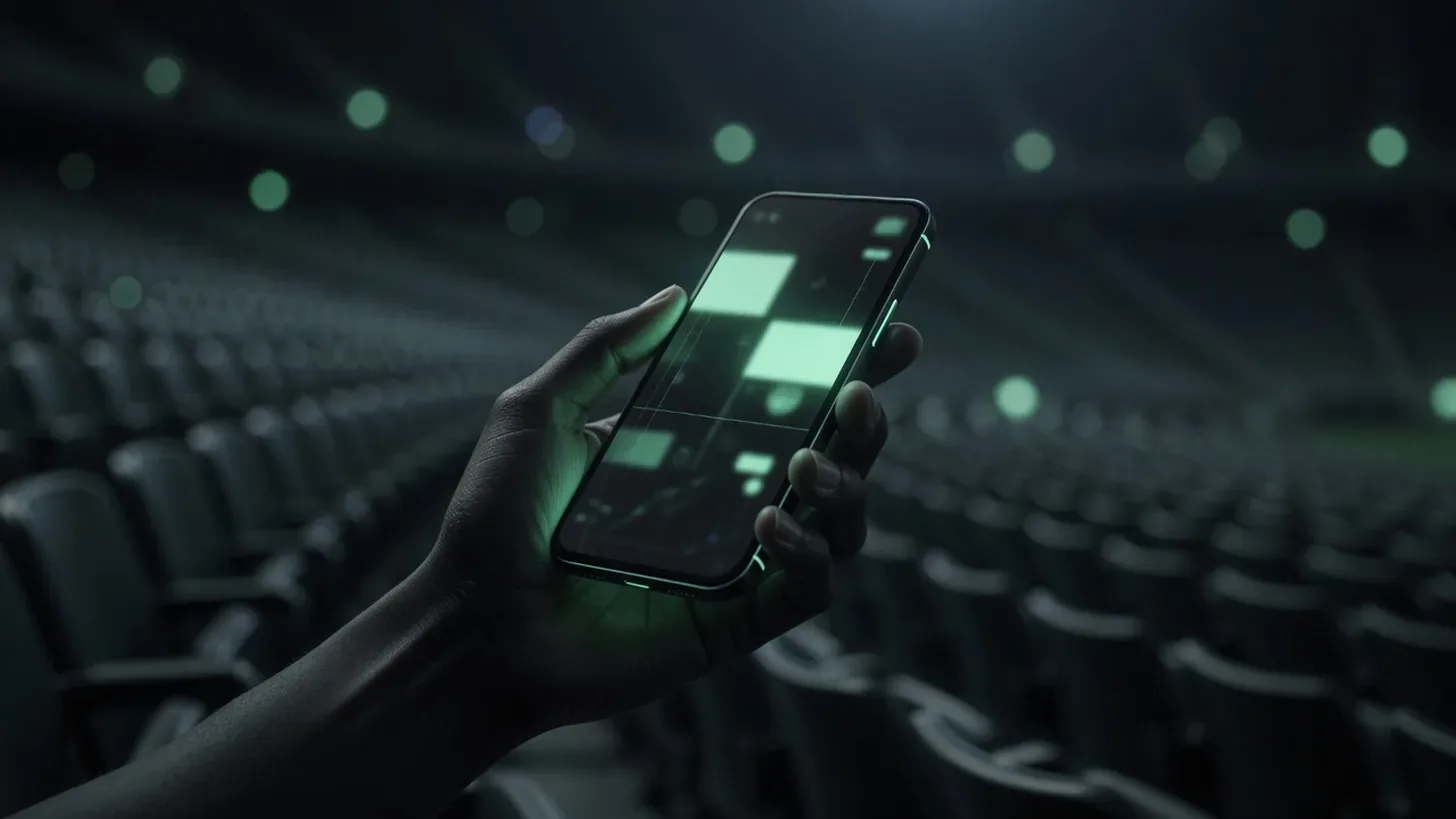hand holding a smartphone glowing in a dark stadium at night