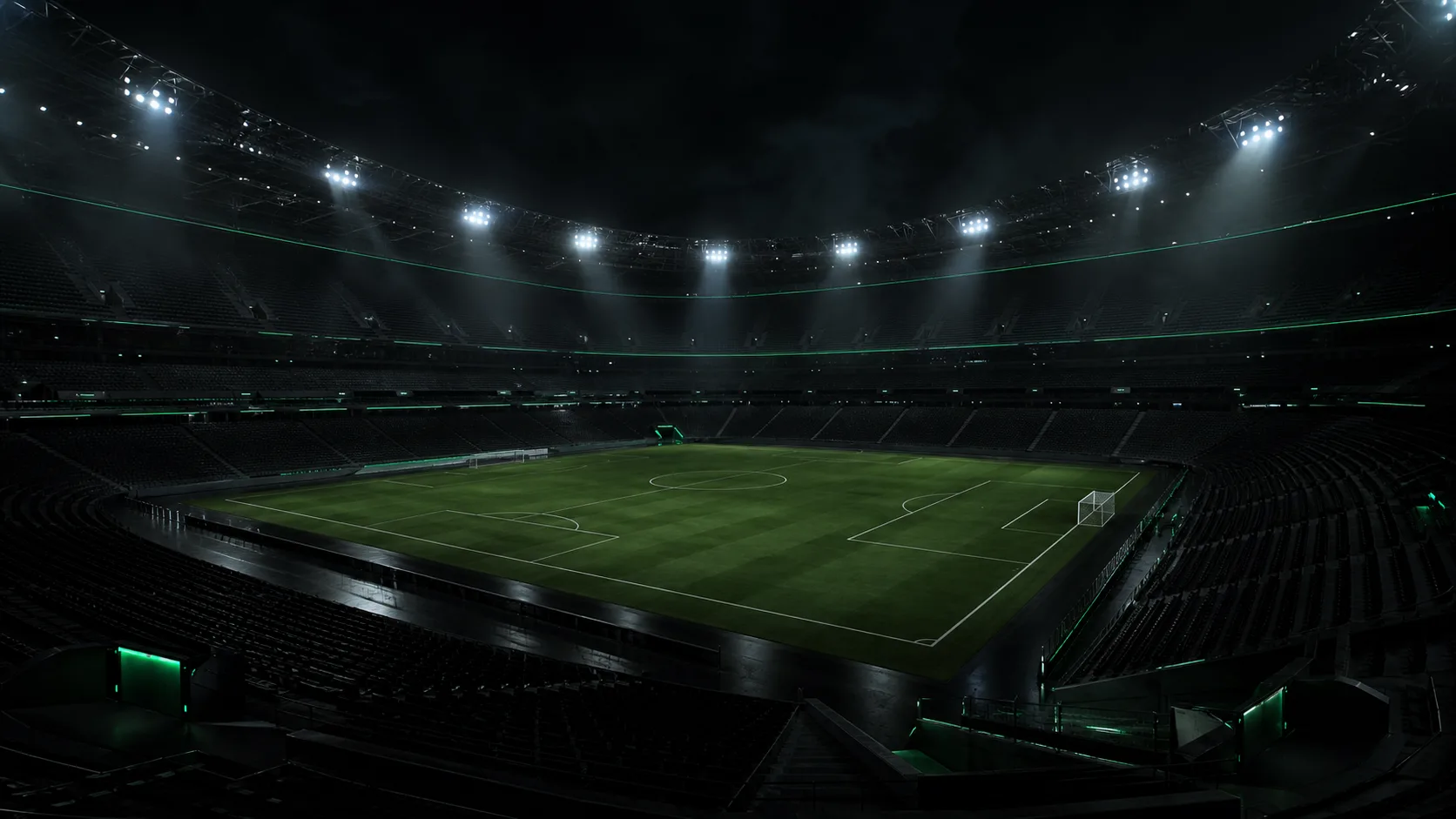 soccer stadium at night under floodlights, dark moody