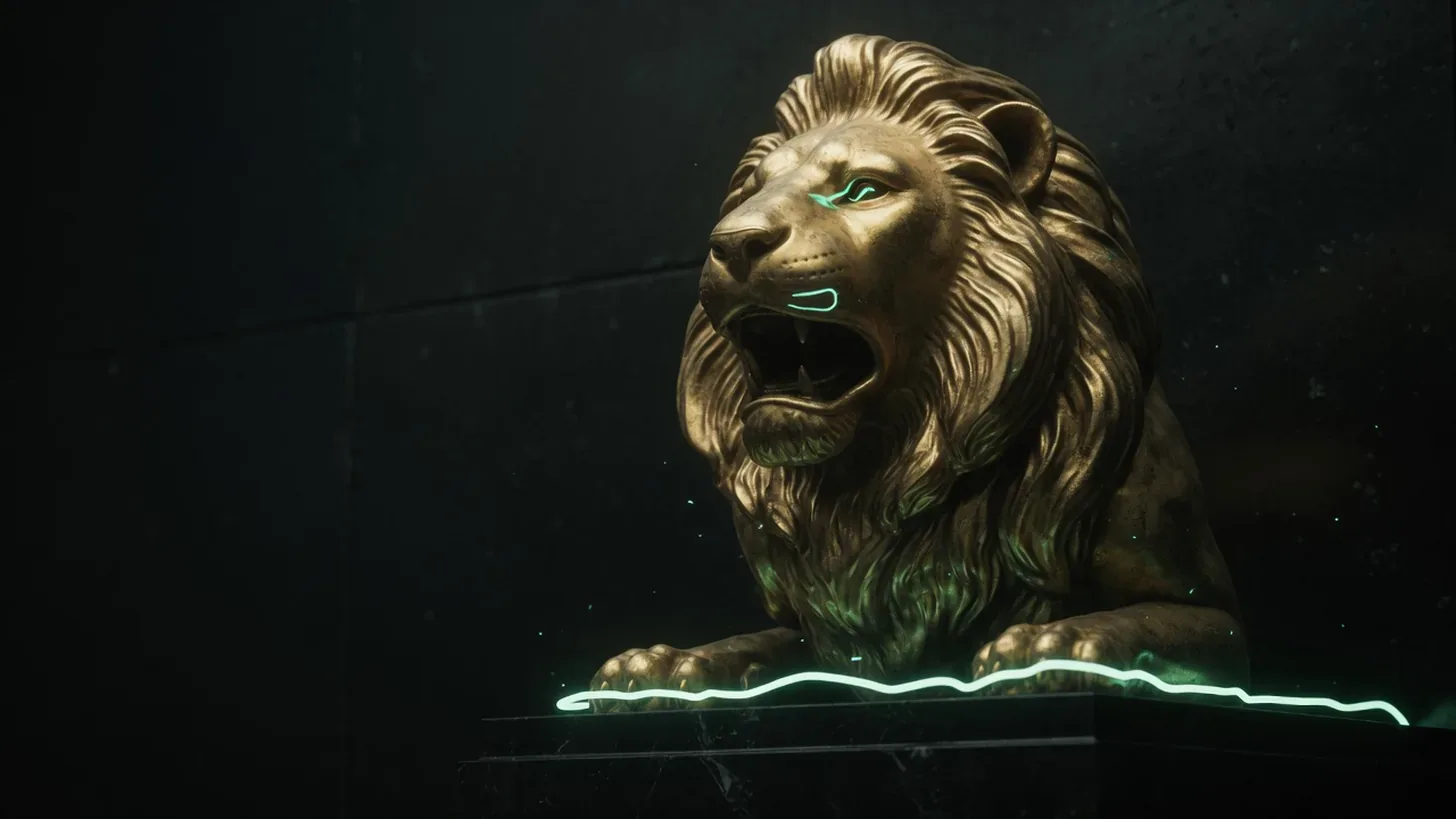 majestic golden lion statue in dark cinematic light