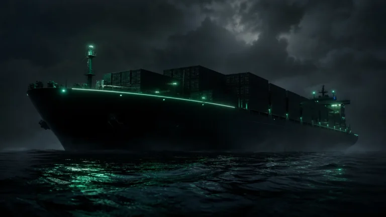 anonymous cargo ship on dark ocean at night, offshore mood