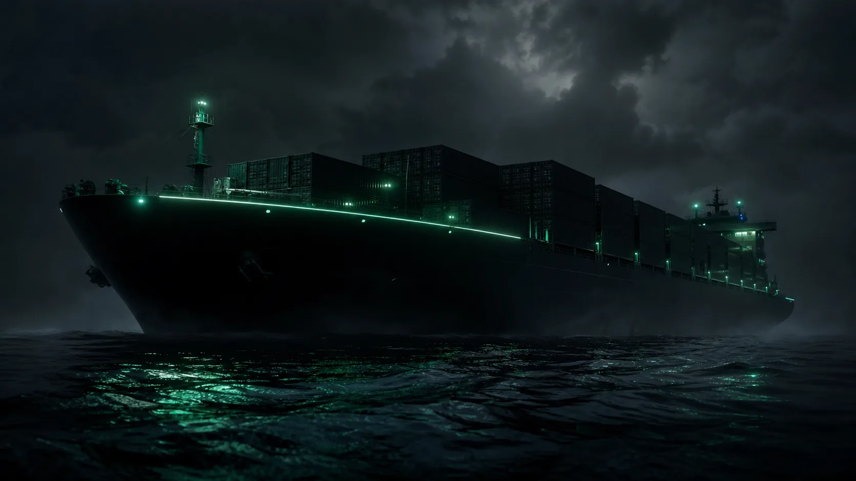 anonymous cargo ship on dark ocean at night, offshore mood