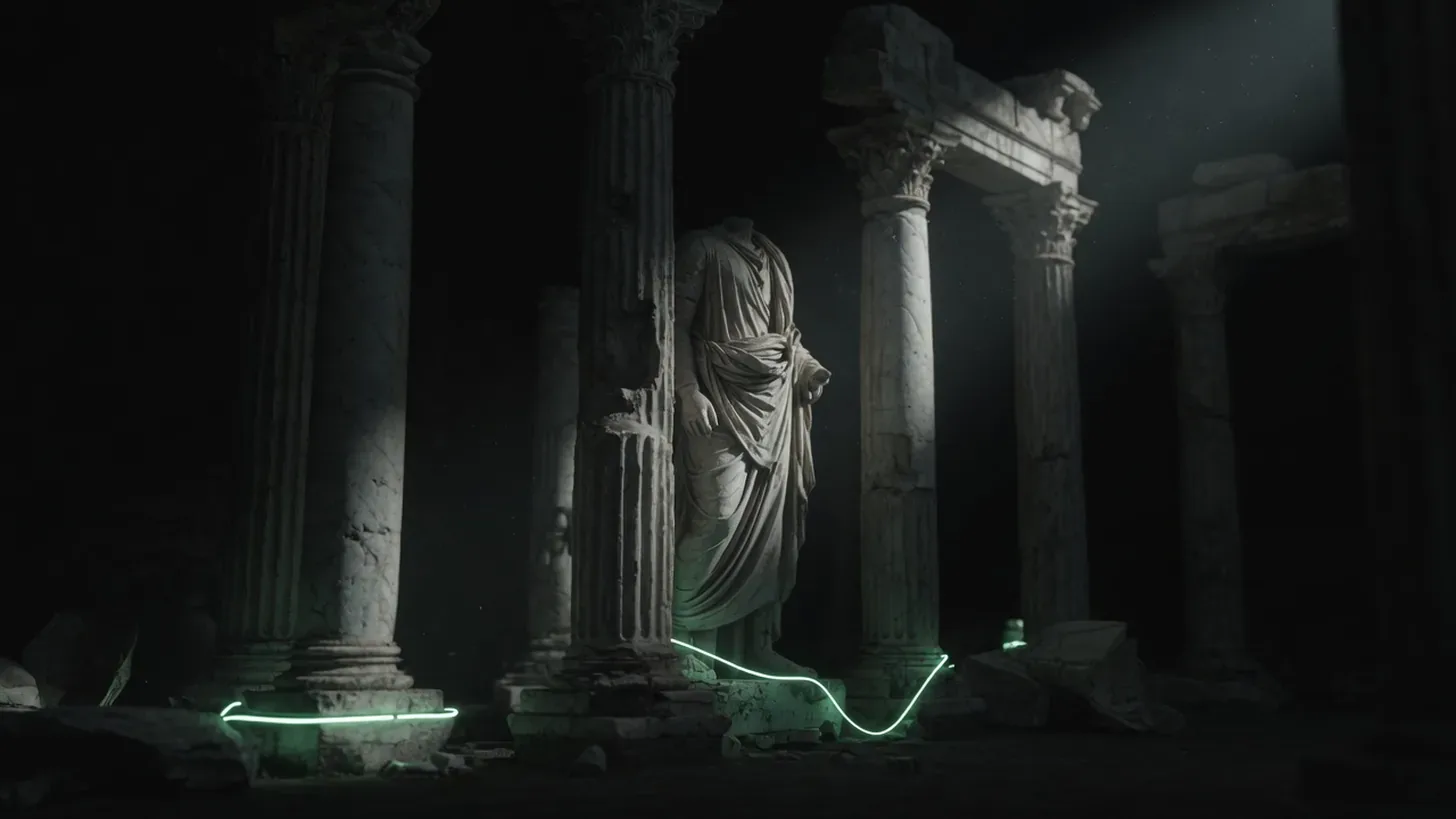 roman marble columns and statue in dark dramatic light