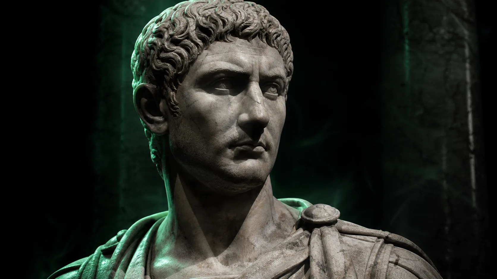 roman emperor marble bust in dark dramatic spotlight