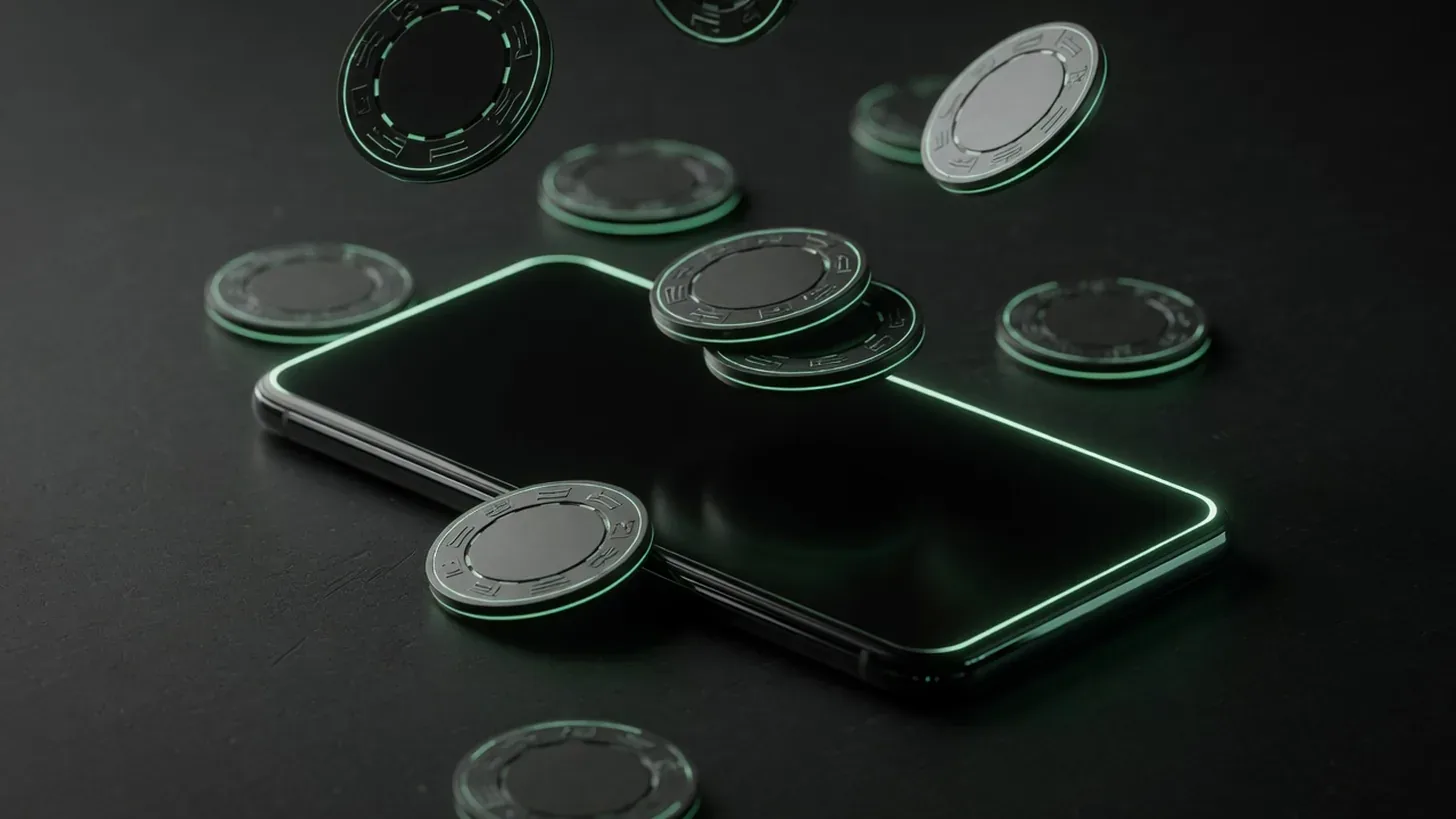 smartphone surrounded by floating casino chips, dark