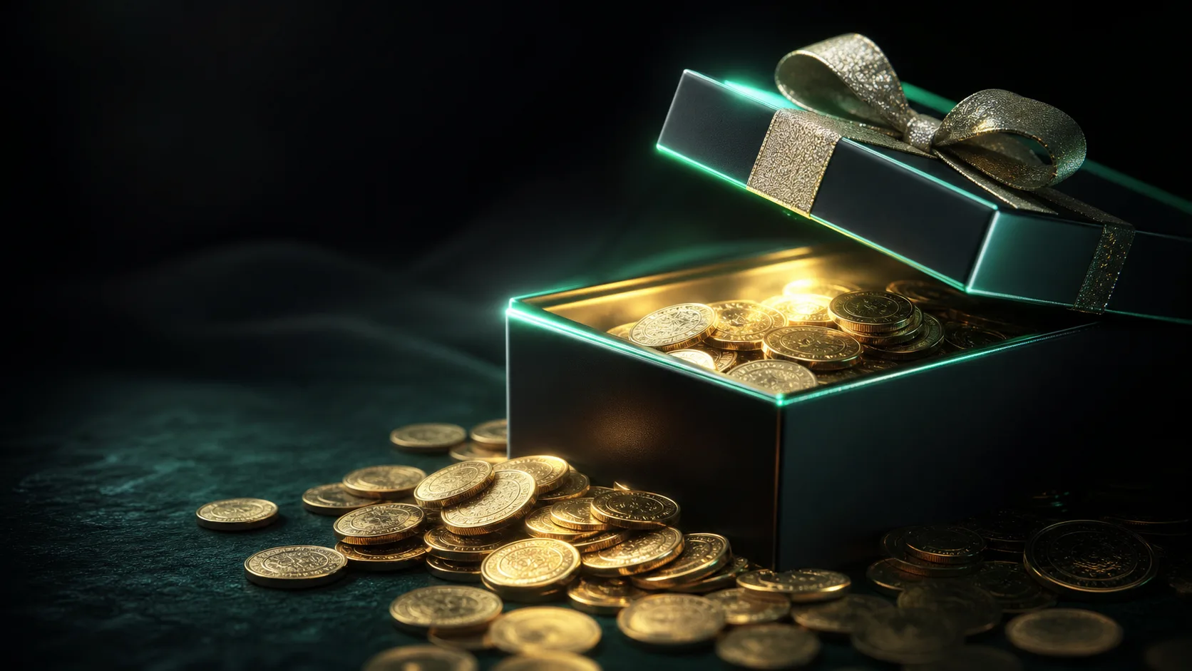 glowing gift box with golden coins spilling out on dark surface