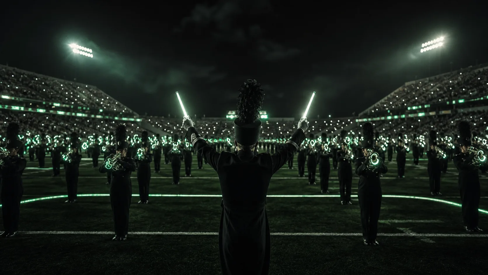 college football stadium at night, marching band lights