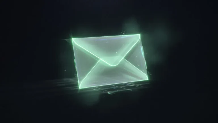 glowing neon envelope hologram floating in dark space