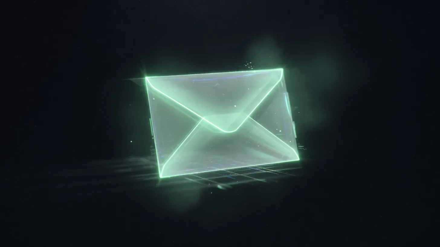 glowing neon envelope hologram floating in dark space