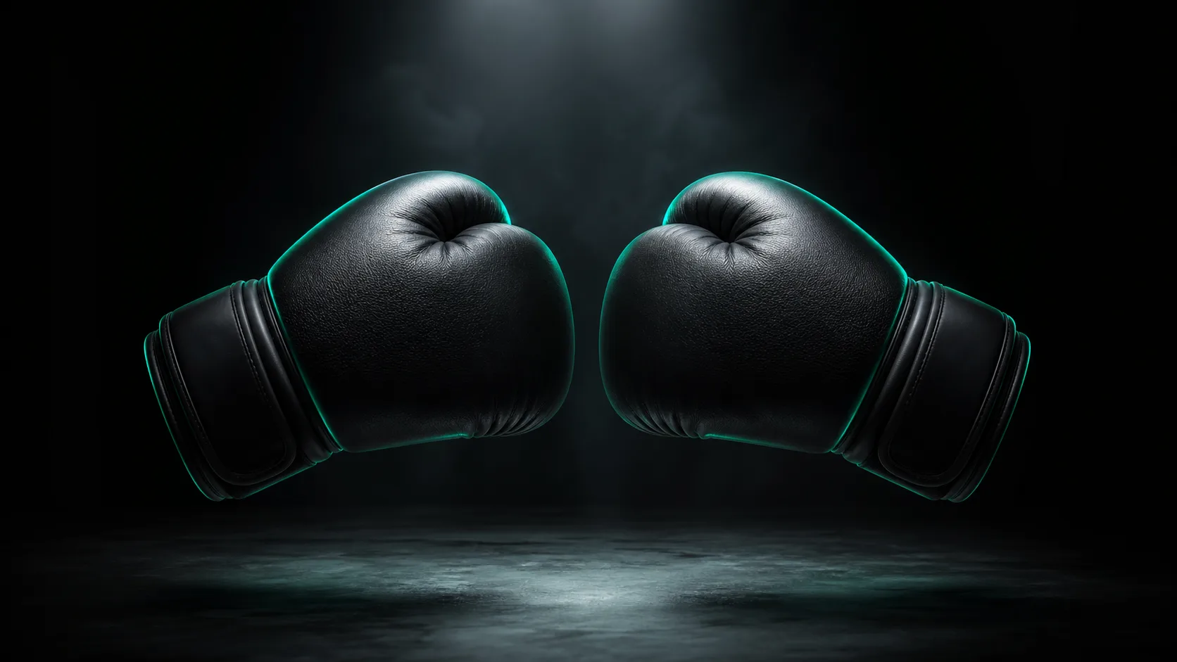 two boxing gloves facing each other in dark spotlight