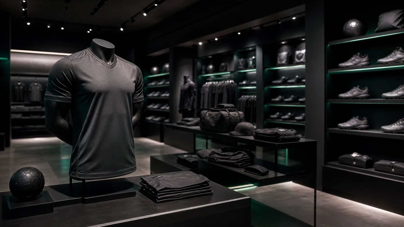 sports jersey and merchandise in a dark store spotlight