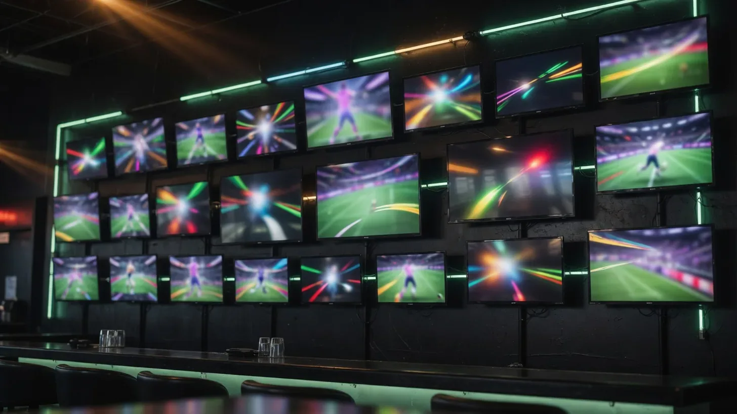 dark sports bar wall of glowing tv screens