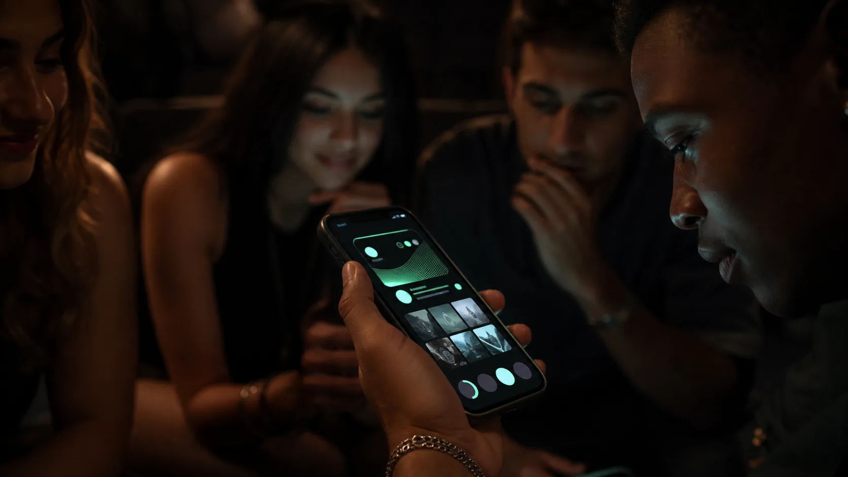 smartphone showing glowing social app interface surrounded by friends, dark room