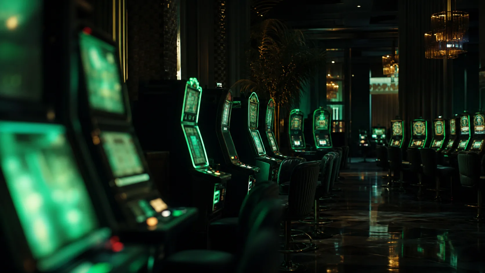 Las Vegas casino floor at night, rows of glowing slot machines