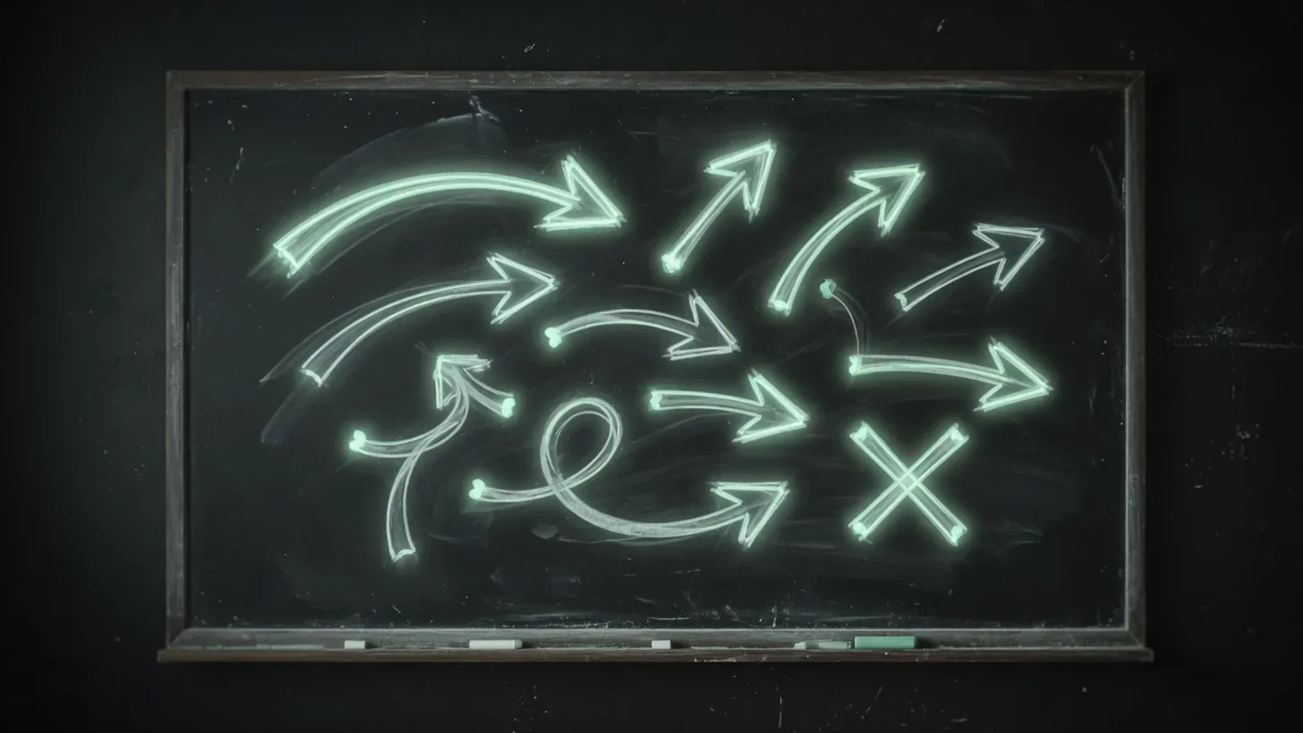 chalkboard with glowing play diagram arrows, dark room
