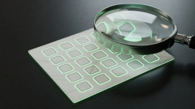 magnifying glass over a glowing scorecard checklist on a dark desk