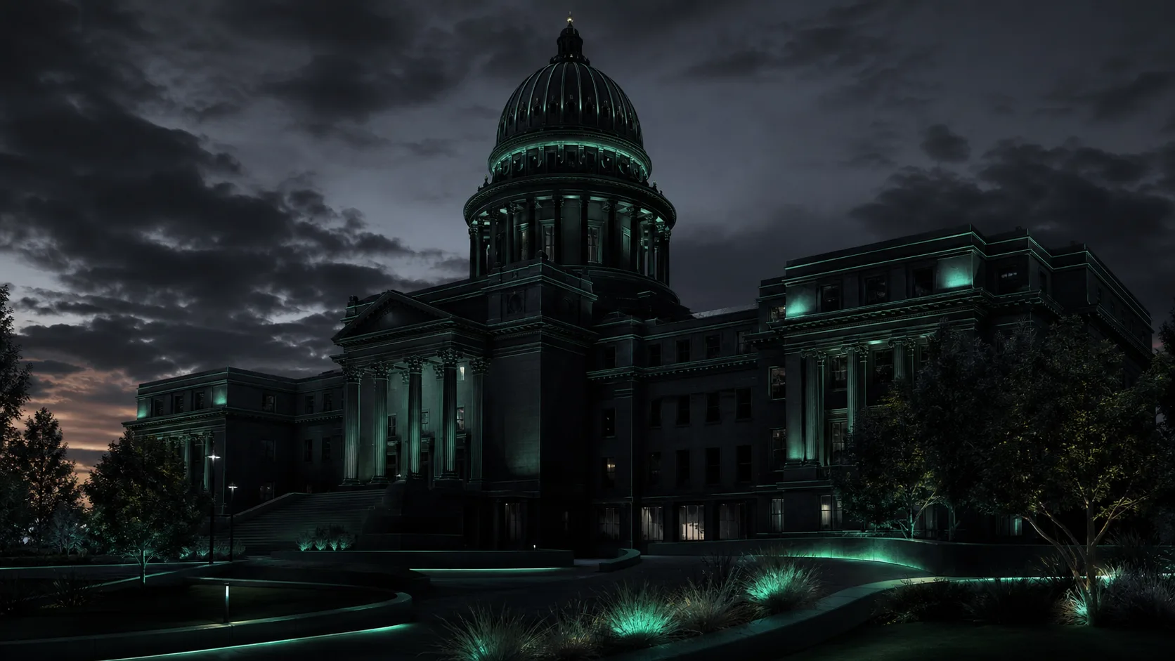idaho state capitol building at dusk, moody dark