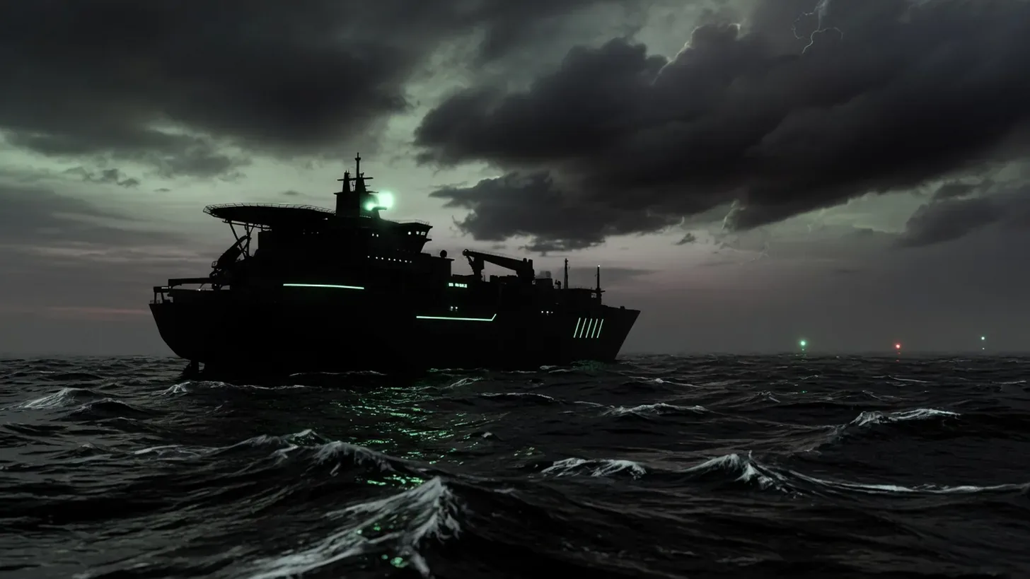 dark offshore ship silhouette under a stormy sky with question mood