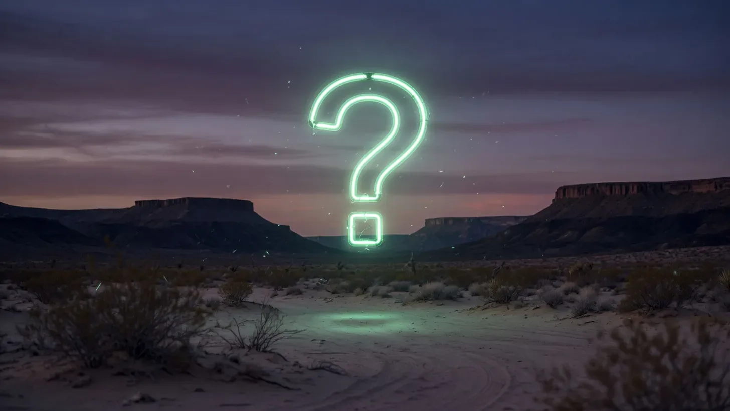 glowing neon question mark over texas desert at dusk