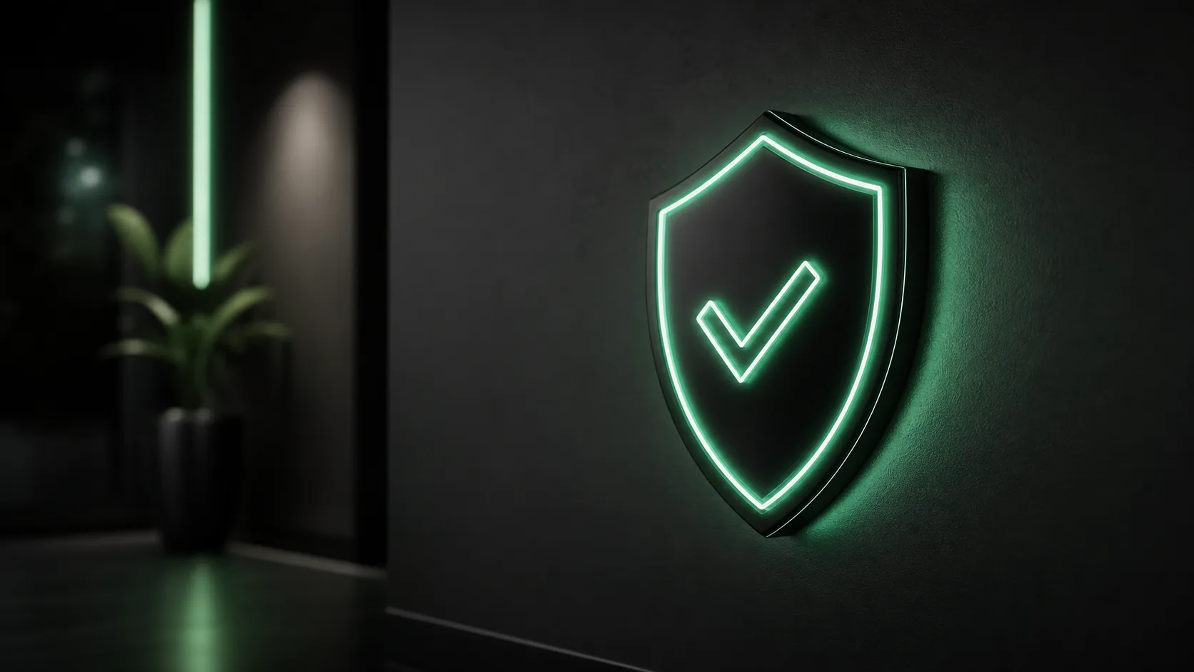 glowing neon shield with checkmark on dark wall