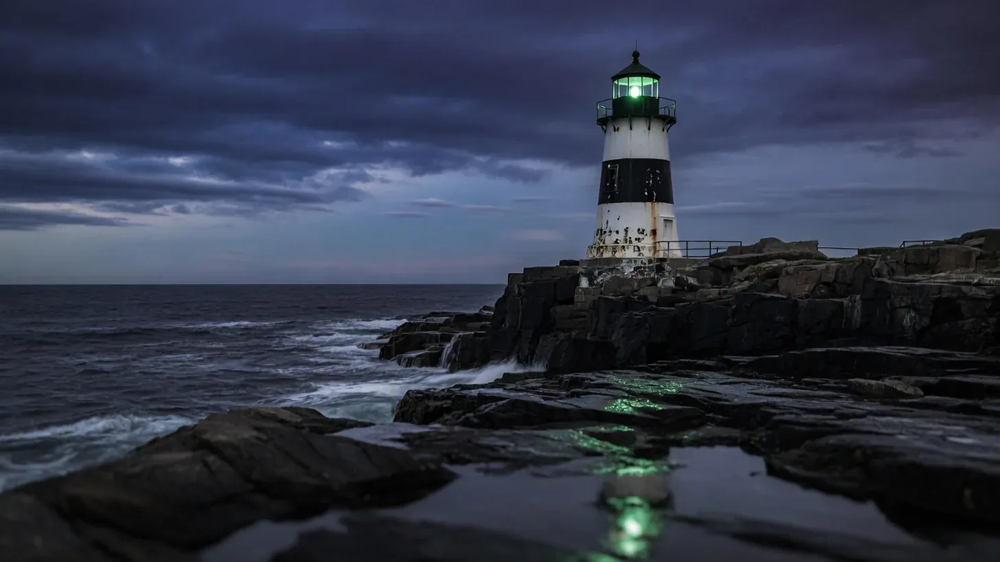maine lighthouse on rocky coast at dusk, moody