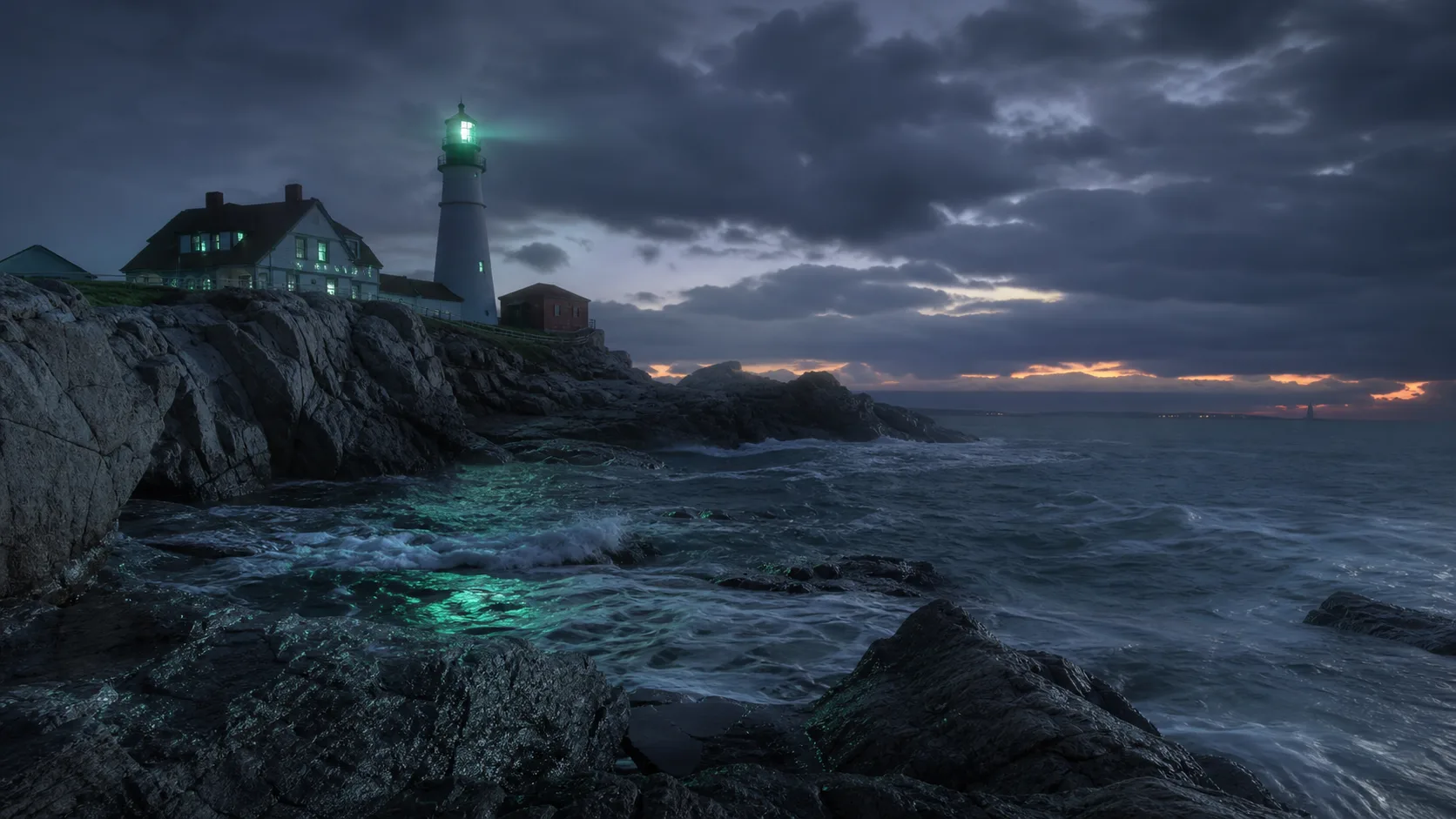 Maine rocky coastline lighthouse at dusk