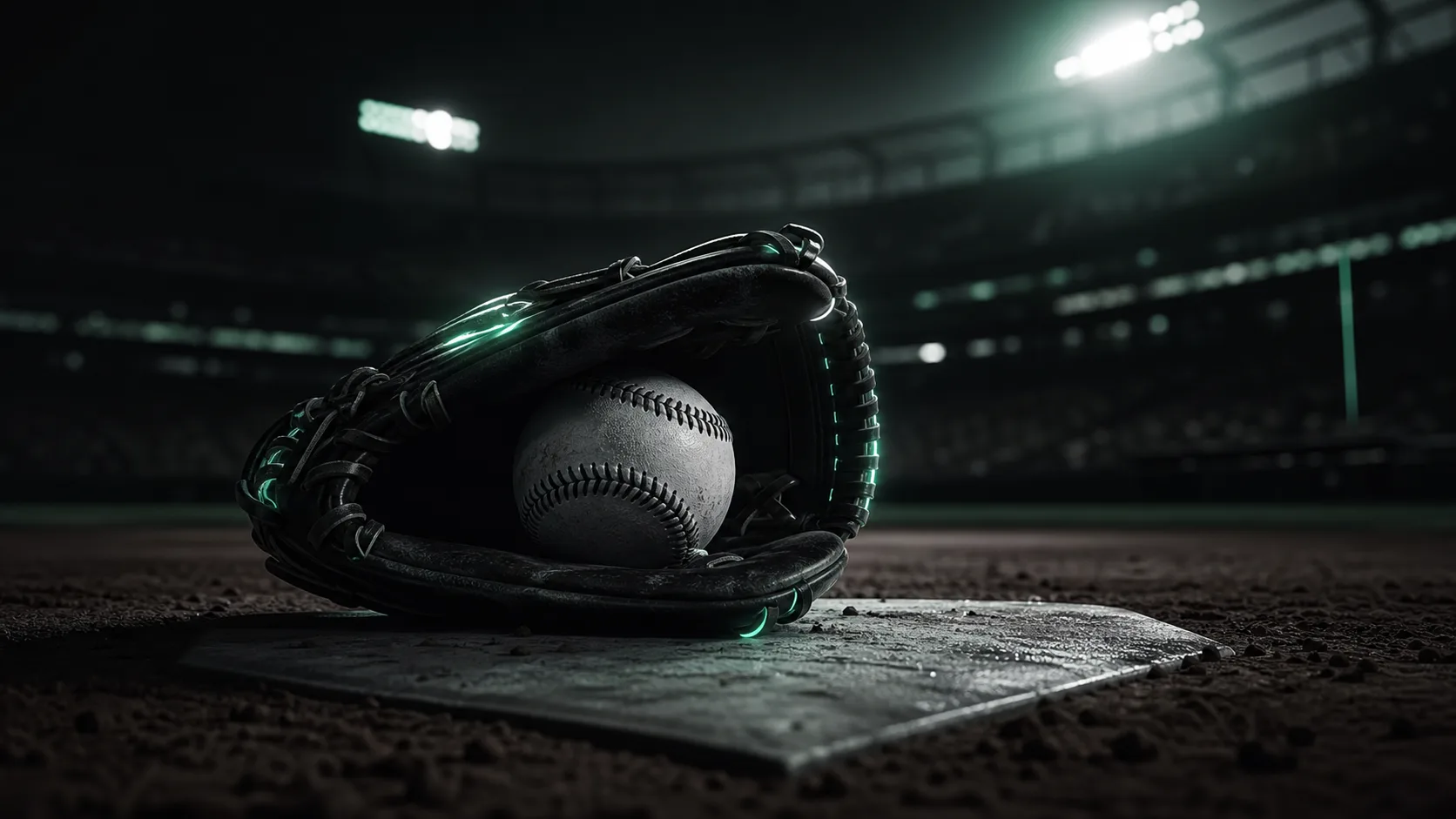 baseball and glove on home plate, dark stadium night