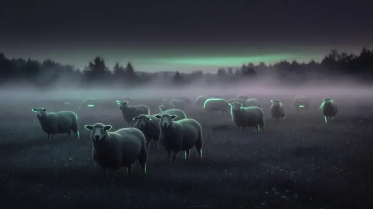 nostalgic flock of sheep in a misty meadow at dusk, retro video game mood