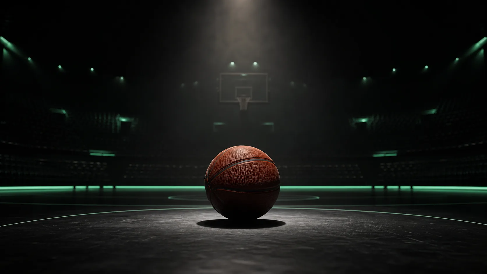 basketball on a dark arena court, single spotlight