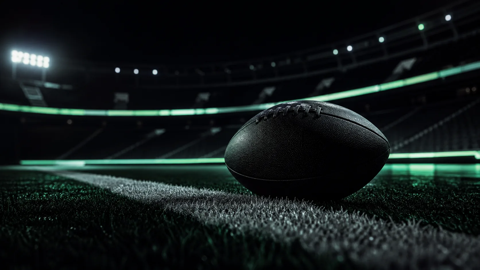 american football on the yard line of a dark stadium at night