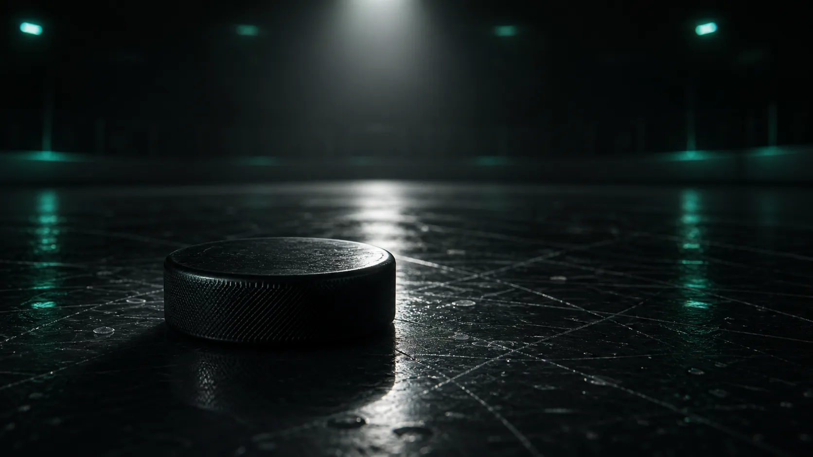 hockey puck on dark ice rink under a single spotlight