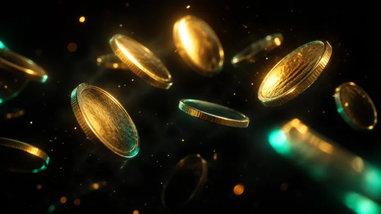glowing golden coins spinning in dark air, frozen motion
