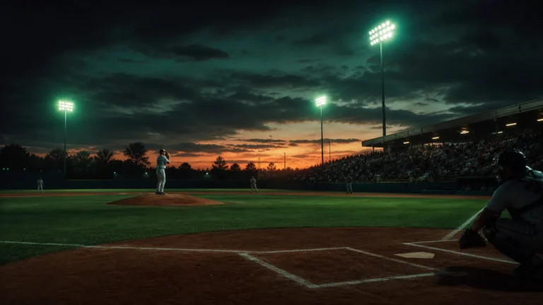 Baseball pitcher on the mound, first inning at dusk