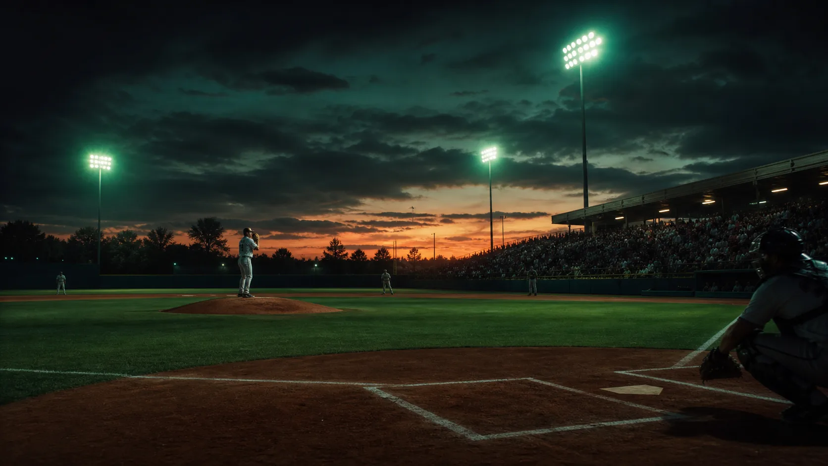 Baseball pitcher on the mound, first inning at dusk