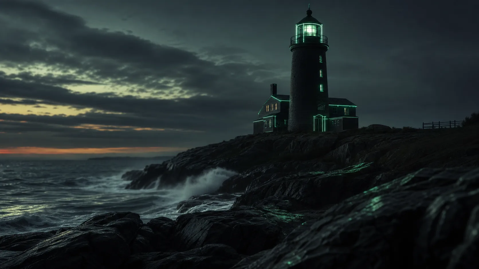 connecticut lighthouse on rocky coast at dusk
