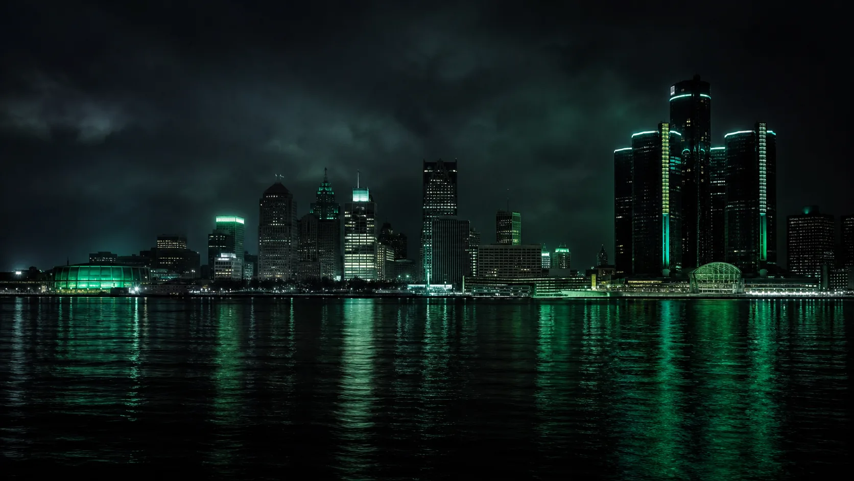 detroit skyline at night across the river, moody dark