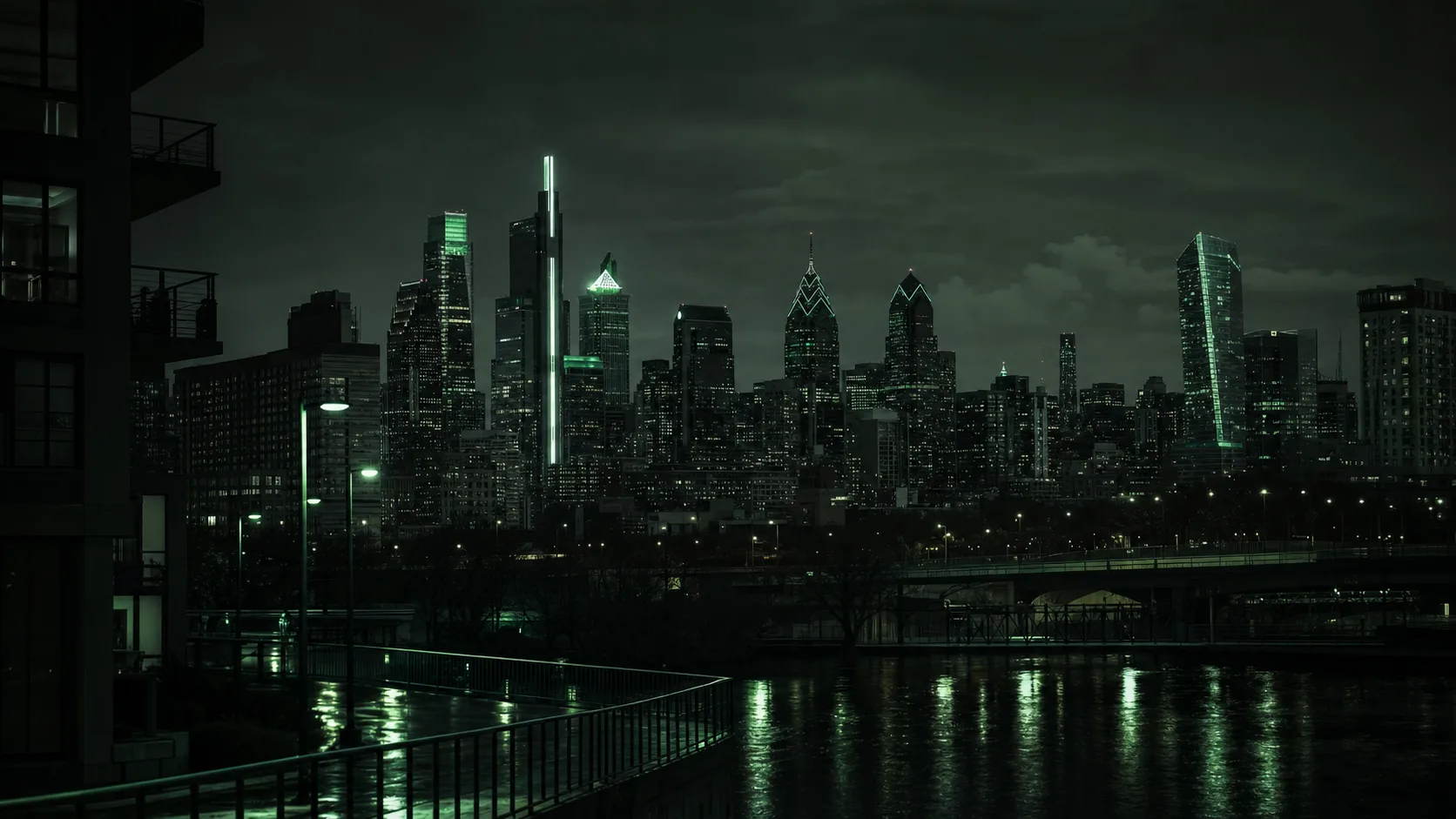 philadelphia skyline at night, moody dark