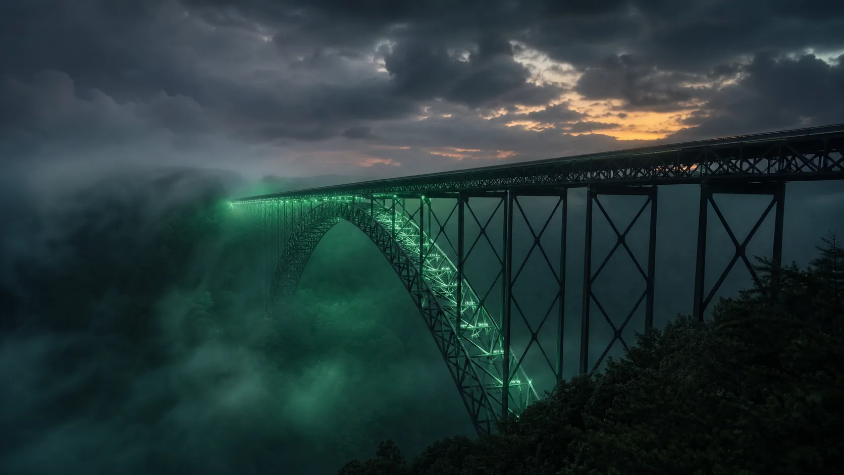 new river gorge bridge in misty mountains at dusk