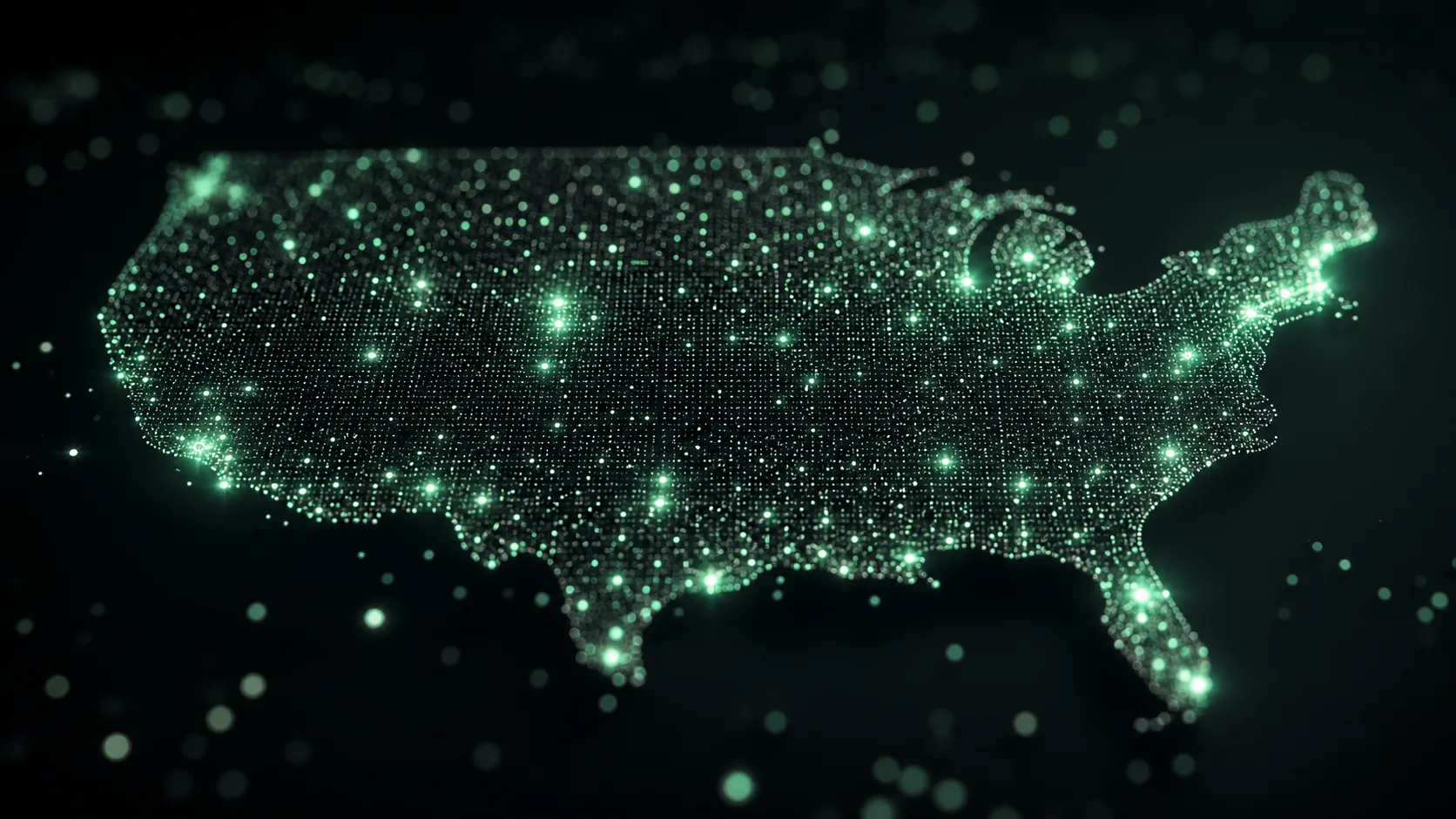 map of the united states made of glowing dots on dark background