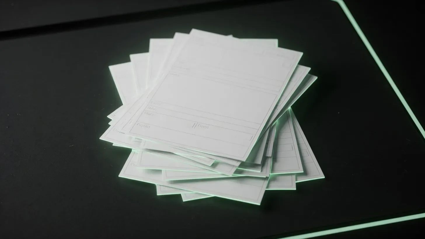 stack of glowing paper betting slips on dark desk