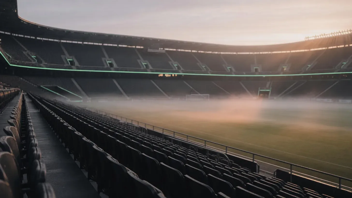 calm sunrise over an empty quiet stadium, hopeful muted tones