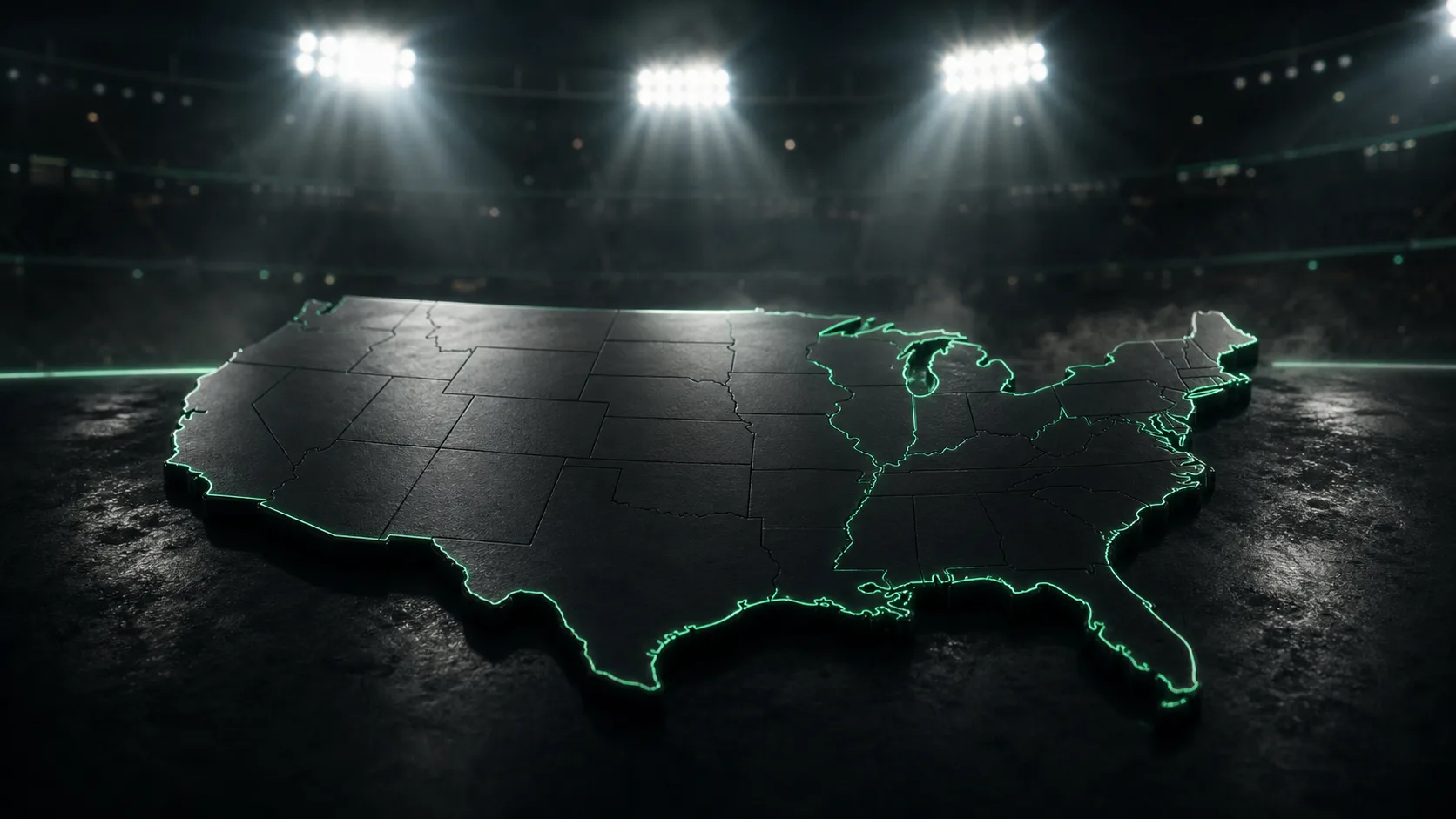stadium floodlights glowing over a dark map of the usa