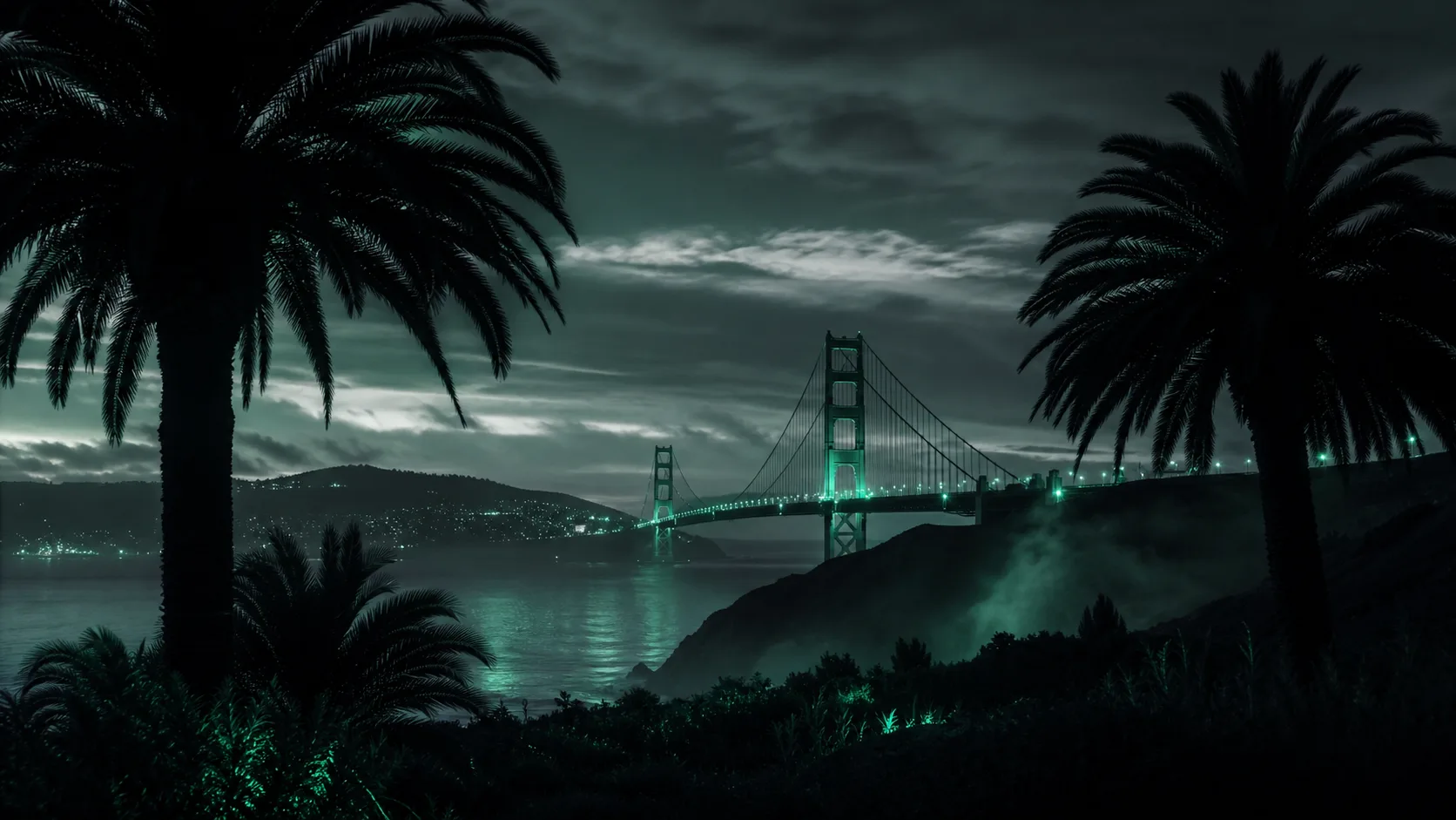palm trees silhouettes and golden gate bridge at dusk, moody