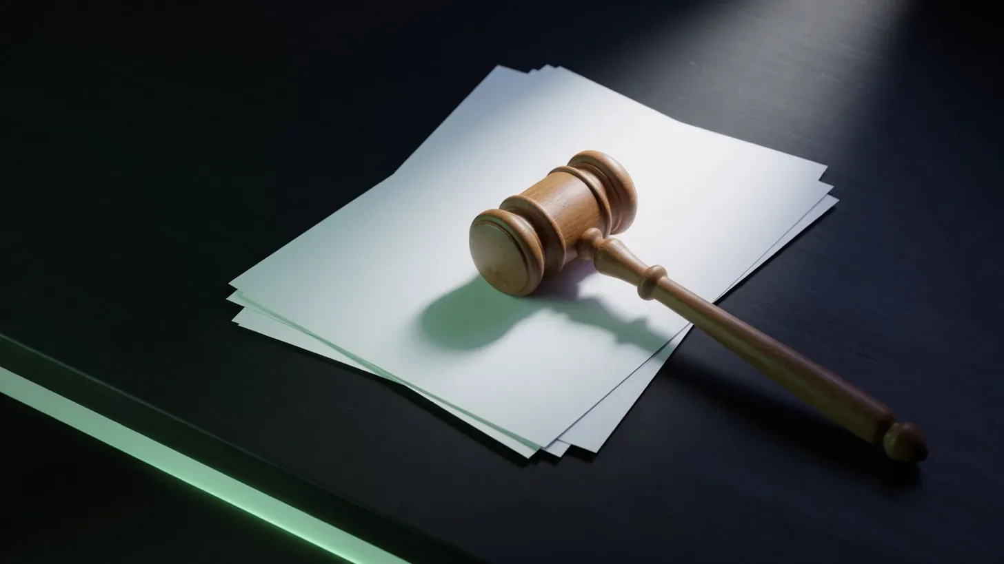 wooden gavel and legal documents on a dark desk, dramatic light