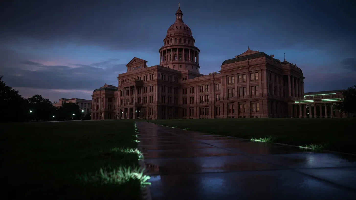 texas state capitol at dusk, lone star mood, dark