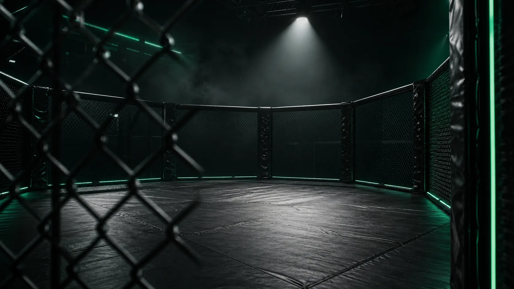 mma octagon fence in dark arena, single spotlight